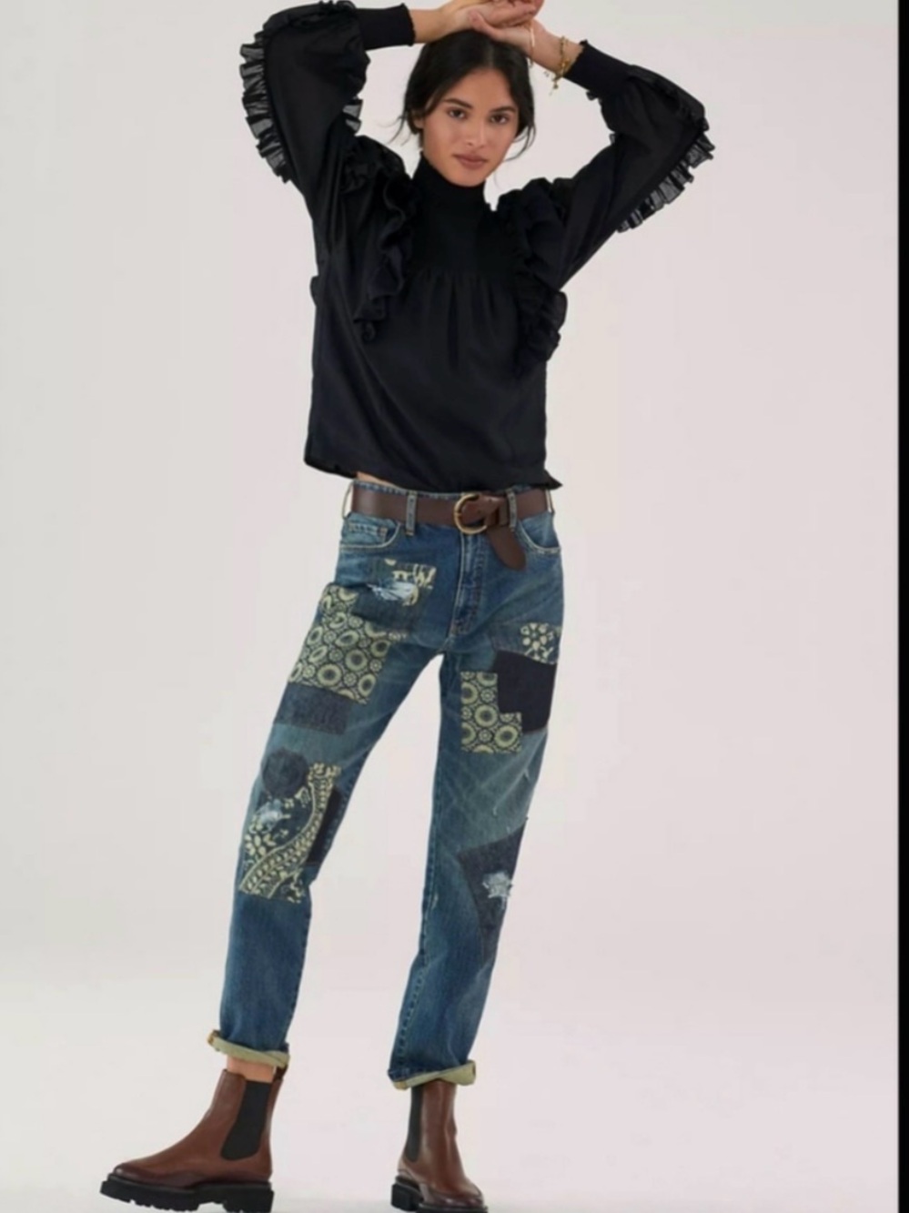 Pilcro Blue Patchwork Boyfriend Jeans with Cream Prints